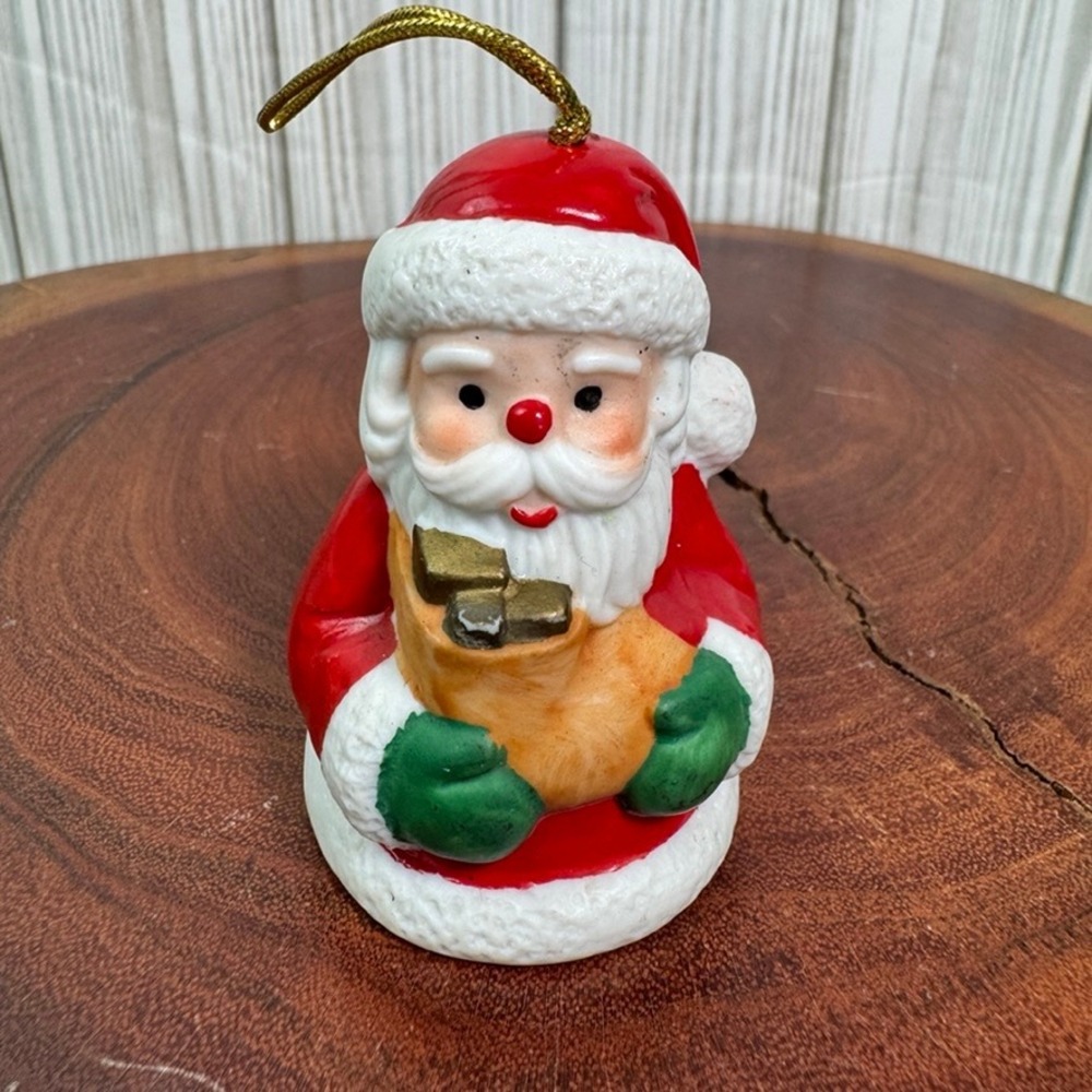 Vintage Commodore Santa Claus Ceramic Bell Ornament Made in Korea Red Green Gold